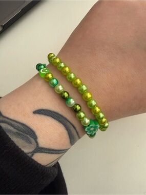 Green Pearl Beaded Stretch Bracelet Set